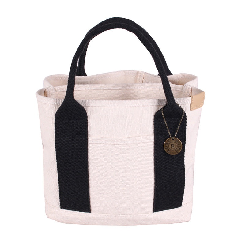 White with black Canvas Lunch Tote Bag – Stylish Handbag with Multiple Compartments for Women