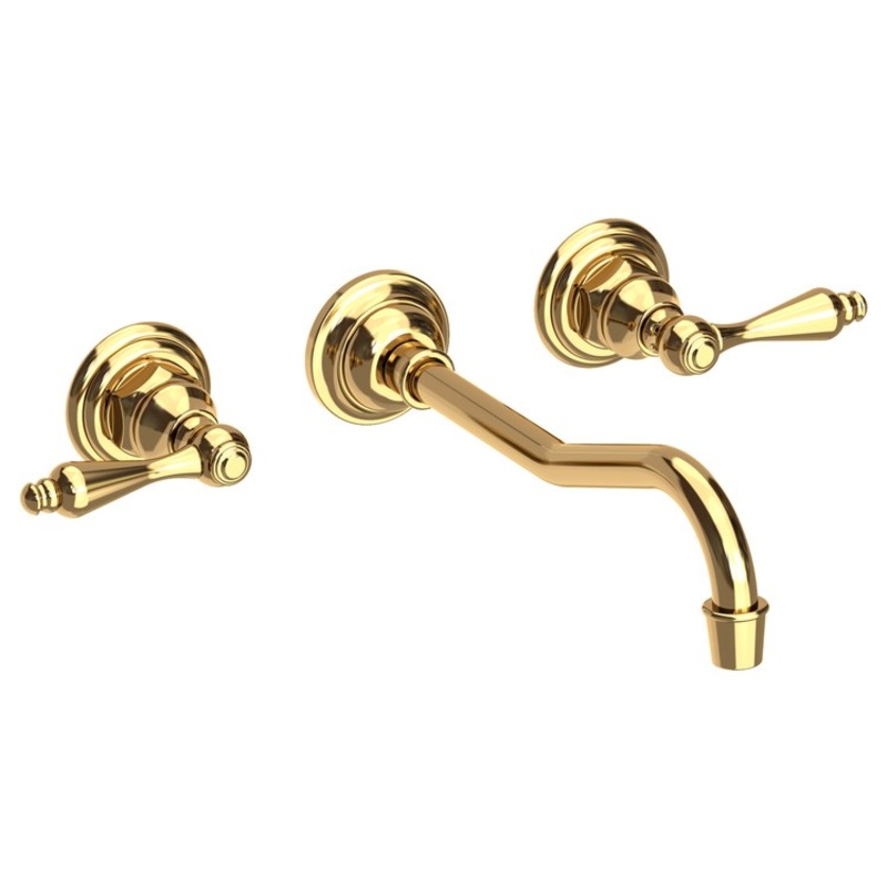 Lavatory Faucet Chesterfield Wall Mount 8 Inch Spread 2 Lever ADA WaterSense Polished Brass Uncoated Living 1.2 Gallons Per Minute Brass Less Drain Spout Reach 9-3/4 Inch