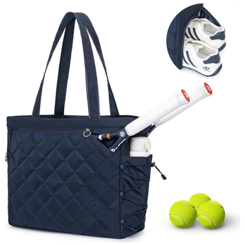 Navy Blue Large Quilted Tennis Tote Bag with Shoe Compartment – Waterproof Lightweight for Men and Women