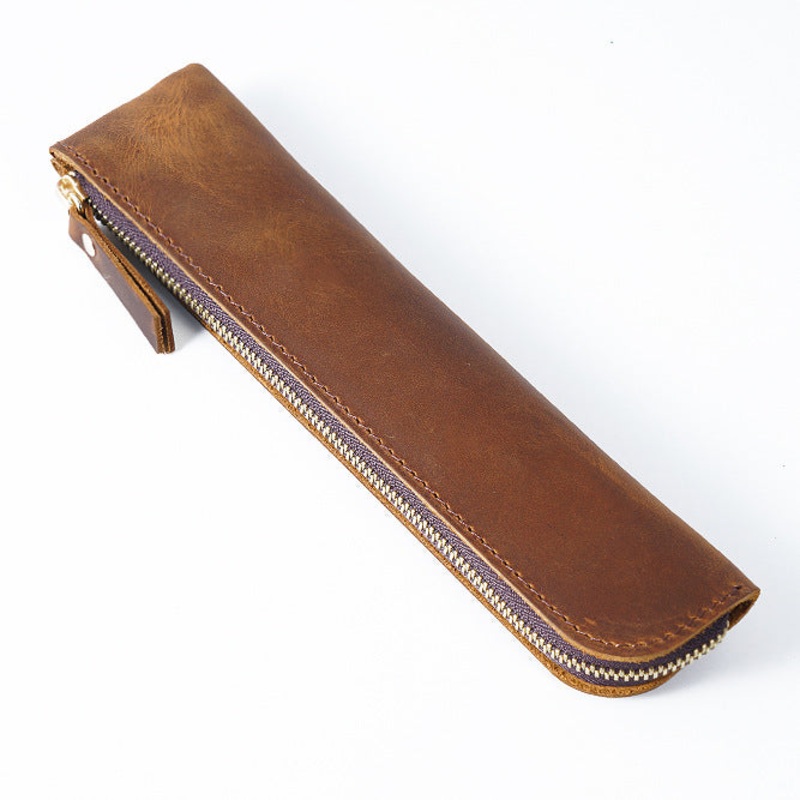 Brown Vintage Crazy Horse Leather Zippered Pen Case – Retro Pencil Pouch & Small Accessories Bag