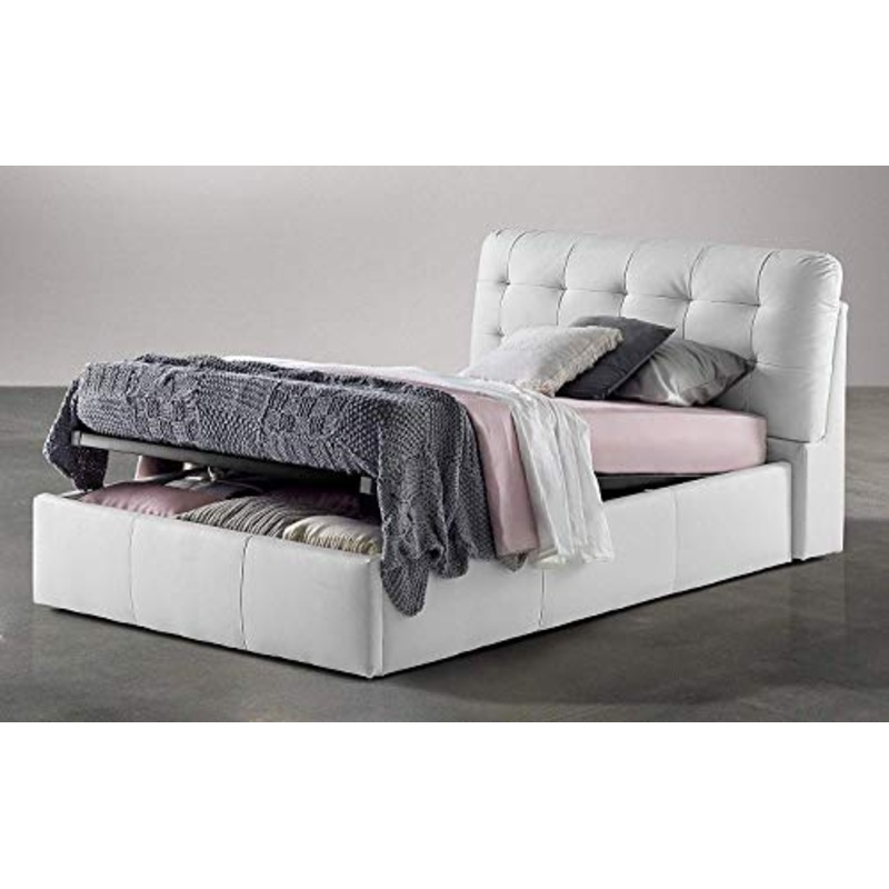 Dafne Italian Design Letto Una Piazza e Mezza con Contenitore, rivestitio in Similpelle Bianca, testiera Imbottita in Stile capitonn?, Rete Ortopedica a doghe in Legno 143 x 224 x 103h cm