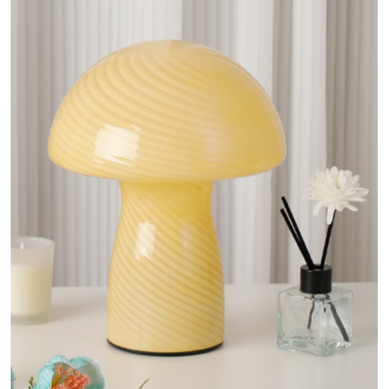 Stripe-Pure Yellow Retro Swirl Glass Mushroom Table Lamp – LED Bedside Night Light