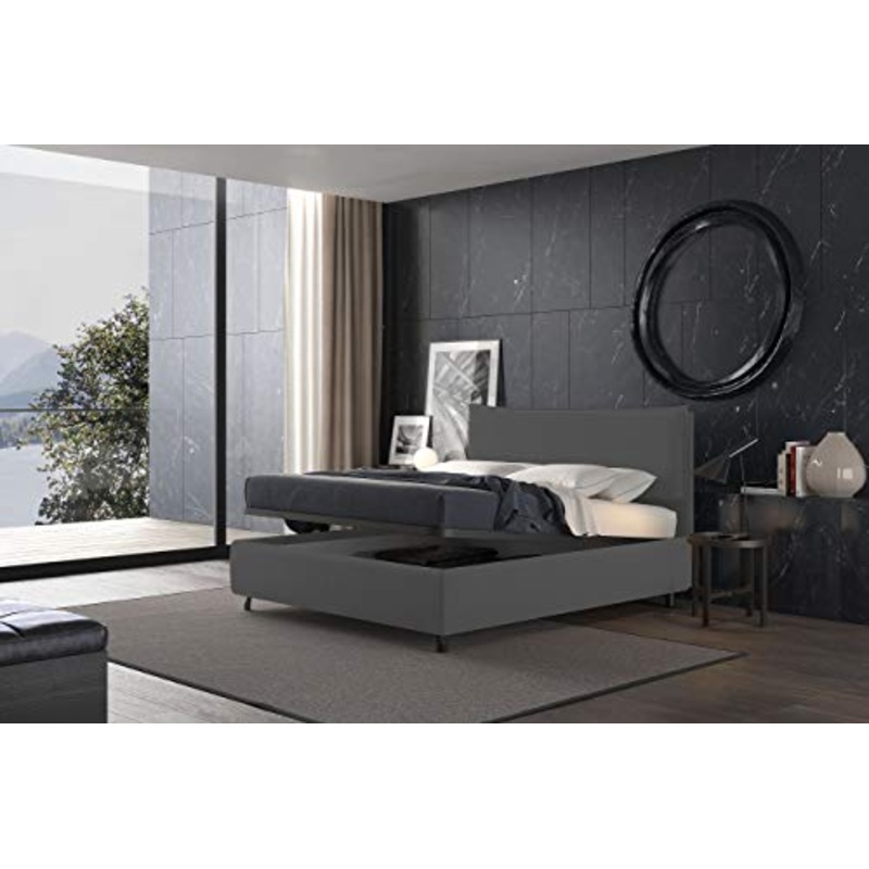 Talamo Italia Letto contenitore piazza e mezza Puccini, Made in Italy, Struttura in ecopelle imbottita, Adatto a materasso 120×190 cm, Grigio