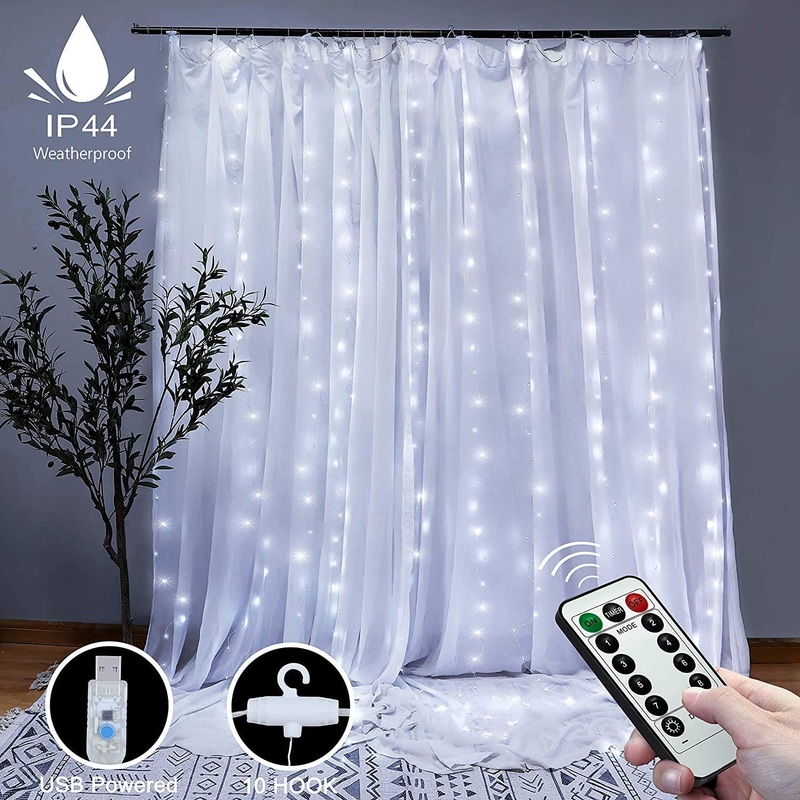 300 LEDs Window Curtain Fairy Lights 8 Modes and Remote Control for Bedroom Cool White, 300 x 300cm