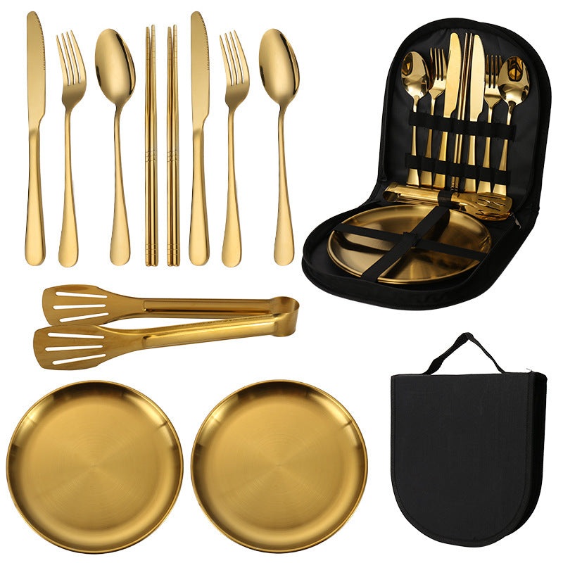 6-Piece Portable Stainless Steel Cutlery Set with Plate and Bag – Gold, Great for Camping and Travel (Chopsticks)