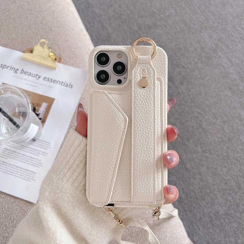 Beige Chic PU Leather Crossbody Wallet Case for iPhone 16 Pro – Card Holder with Detachable Strap & Finger Ring Grip