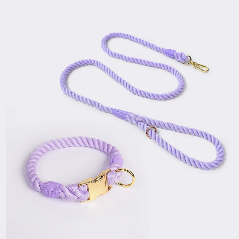 Handmade Rope Dog Collar and Leash Set – Colorful Woven Cotton Cotton (Purple – Size S)