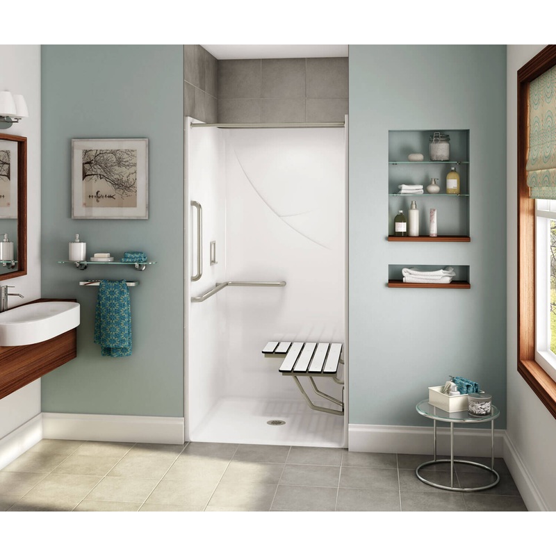 MAAX 106031-000-002-107 OPS-3636 – L-Shaped and Vertical Grab Bar and Seat AcrylX Alcove Center Drain One-Piece Shower in White