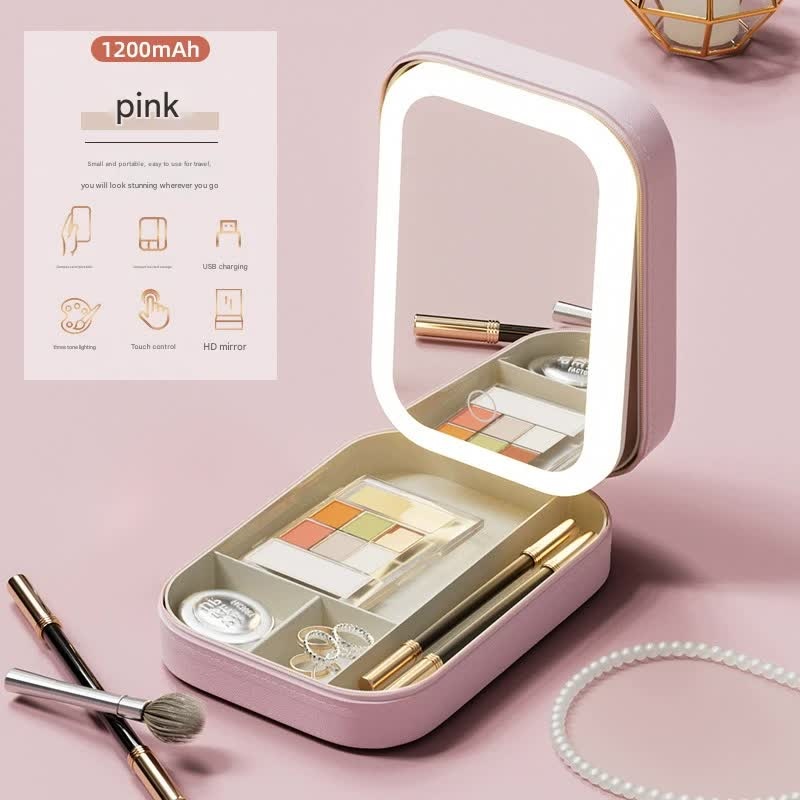 Portable Jewelry & Makeup Organizer Box with LED Touch Mirror – Rechargeable, Adjustable Lighting(pink)