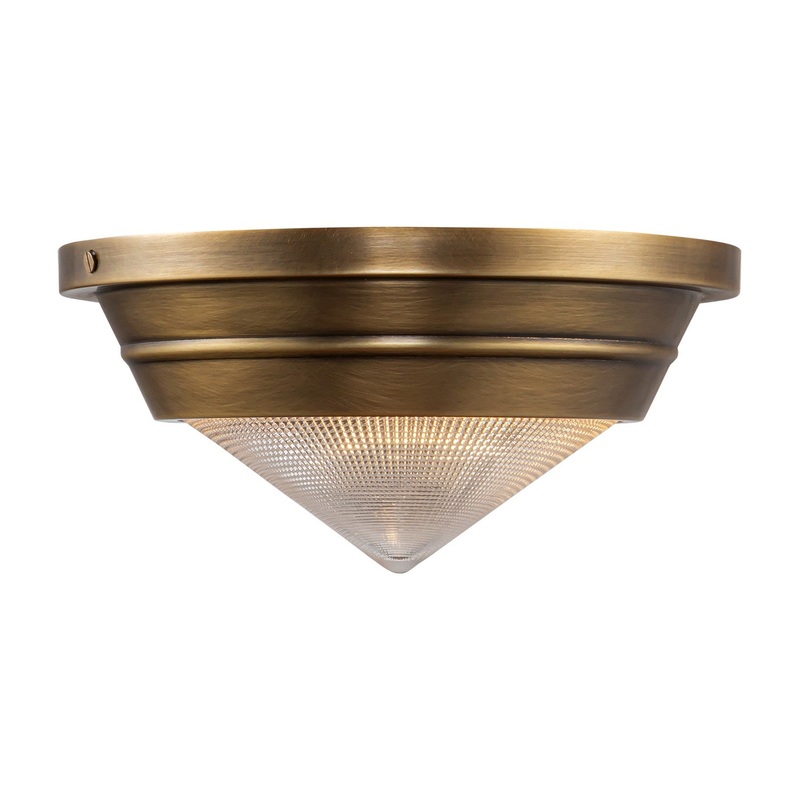 One Light Flush Mount from the Willard Collection in Vintage Brass/Clear Prismatic Glass Finish by Alora