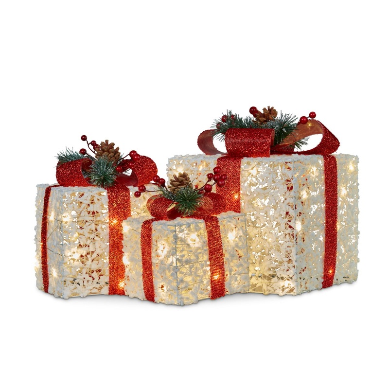 Swishmas 3 Piece Christmas Present Display Set With Lights & Red Bows