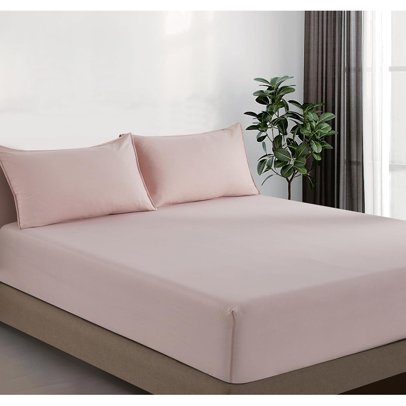 100% Vintage Washed Microfibre Fitted Sheet Set  Ultra Soft & Lightweight All-Season Fitted Sheet with 1 Pillowcase (Pink, King Single Size)
