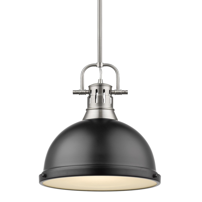 Duncan 1 Light Pendant with Rod inPewterwith a Matte Black Shade