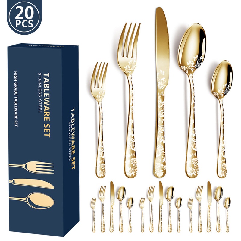 Gold Elegant 20-Piece Stainless Steel Cutlery Set with Floral Design – Dinner & Steak Knives, Forks, Spoons