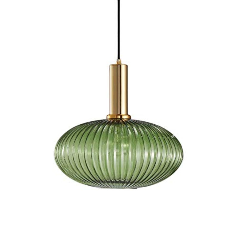 HJXDtech Lampadario a sospensione industriale vintage in vetro a coste, lampada da soffitto moderna in ottone lucidato retr per cucina salone camera da letto (Verde, 30cm)