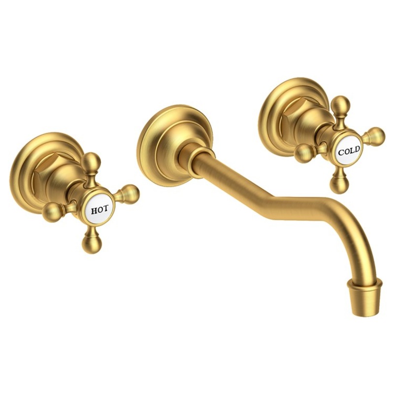Lavatory Faucet Chesterfield Wall Mount 8 Inch Spread 2 Cross ADA WaterSense Satin Bronze PVD 1.2 Gallons Per Minute Brass Less Drain Spout Reach 9-3/4 Inch