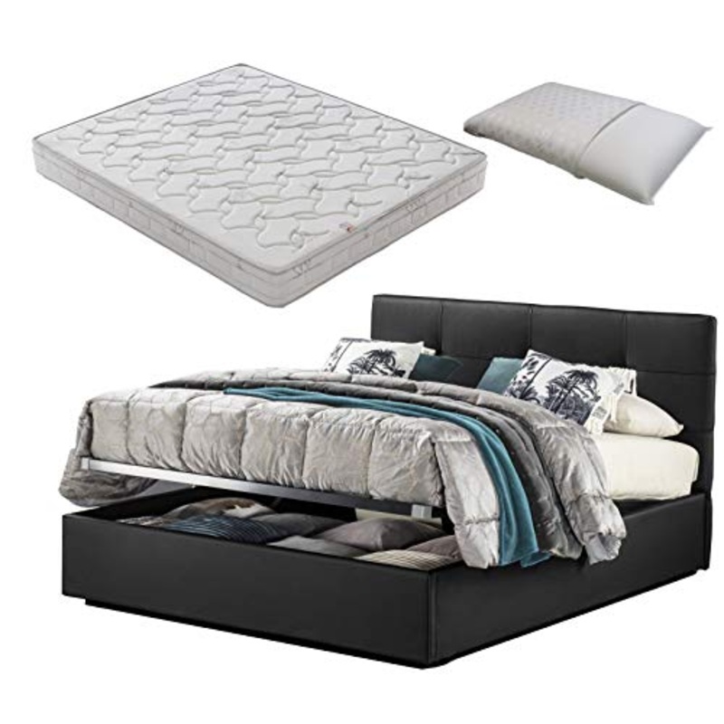 SARDAMATERASSI-Letto matrimoniale con box contenitore nero Dark classic + materasso misura 160×190 cm memory foam+coppia guanciali in memory saponetta