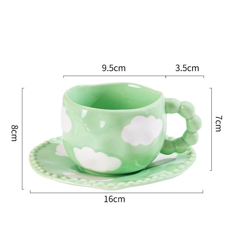 Hand-Painted Ceramic Coffee Mug and Saucer Set – Whimsical Afternoon Tea Cup with Spoon(White cloud-green)