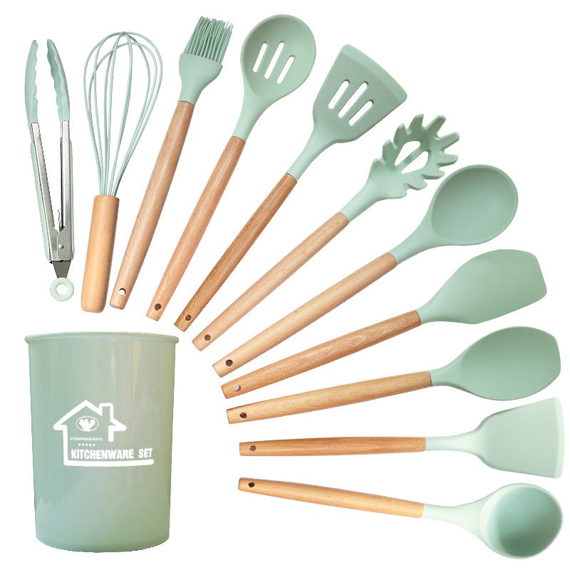 Light Green 11-Piece Silicone Kitchen Utensil Set with Wooden Handles and Storage Bucket – Heat Resistant and Non-Stick