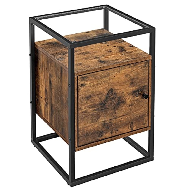 VASAGLE Comodino, Tavolino in Vetro con Scomparto, Tavolino per Camera da Letto, Soggiorno, Salotto, Vetro Temperato Robusto, Assemblaggio Facile, Design Industriale, Marrone Vintage LNT05BX