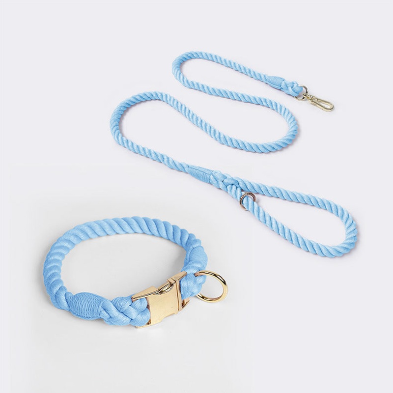 Handmade Rope Dog Collar and Leash Set – Colorful Woven Cotton Cotton (Sky blue – Size S)