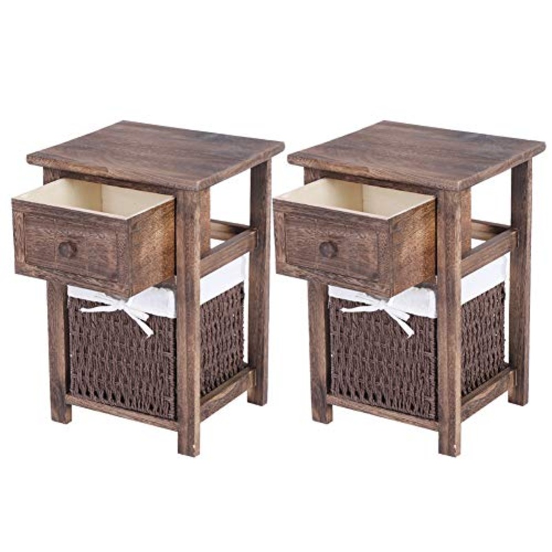 HYM 2 Pezzi Set da Comodino in Legno Naturale con Cassetti E Cesto Marrone