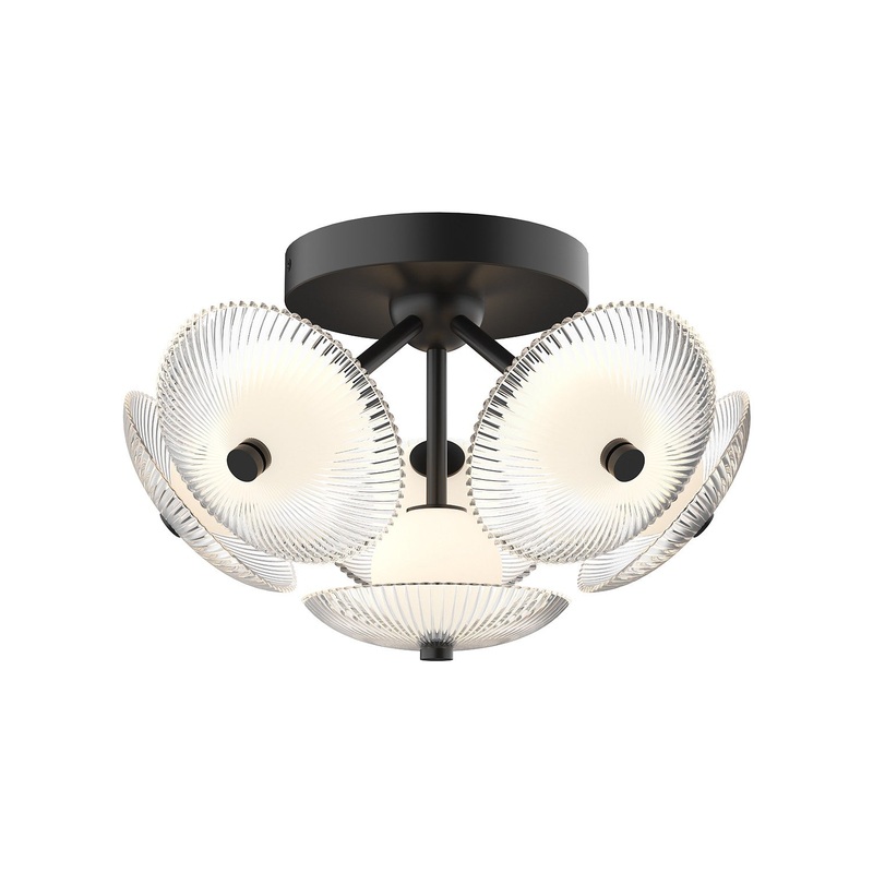 LED Flush Mount from the Hera Collection in Brushed Gold/Clear Ribbed Glass|Matte Black/Clear Ribbed Glass Finish by Alora