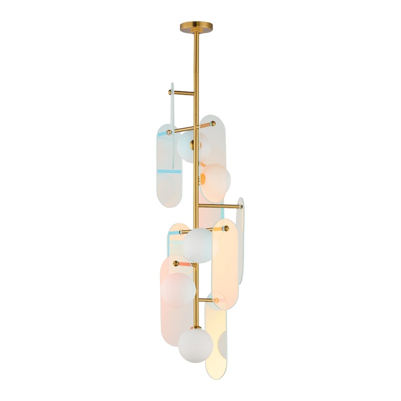 Megalith 5-Light Vertical LED Pendant Natural Aged Brass Dichroic Glass