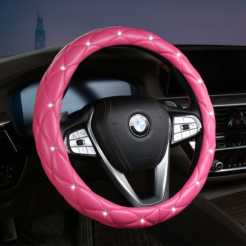 Rose Red Luxury Bling Steering Wheel Cover – Black Quilted Leather with Crystal Rhinestones, Universal 38cm Fit
