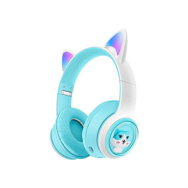 Cute Cat Ear Wireless Headphones – BT5.3, LED Lights, TF Card Slot, Soft Protein Padding(Blue)