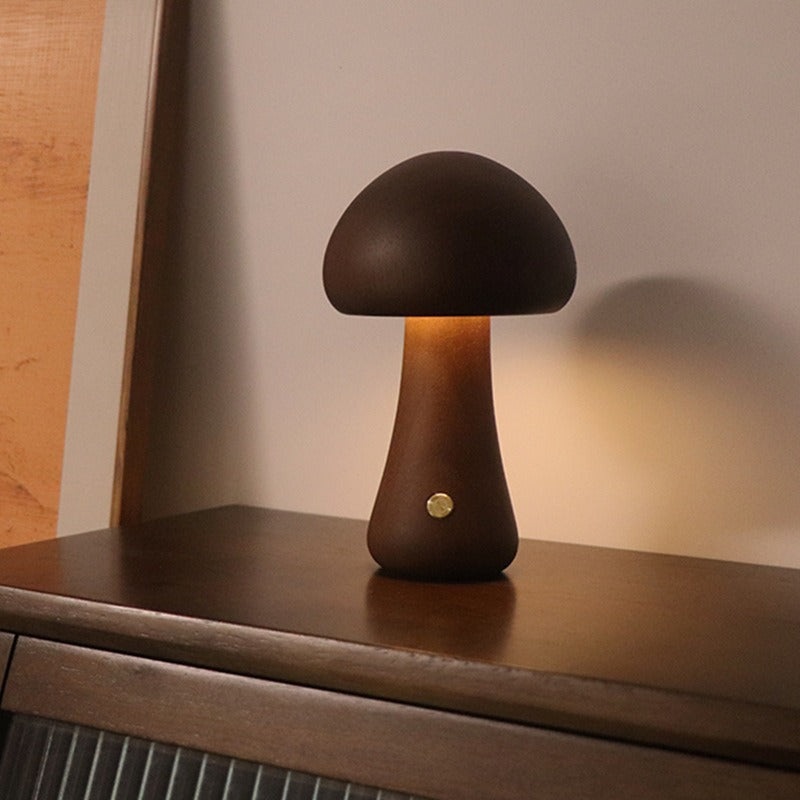 Dark Brown Solid Wood Mushroom LED Table Lamp – Rechargeable Touch Control Bedside Night Light (Large)