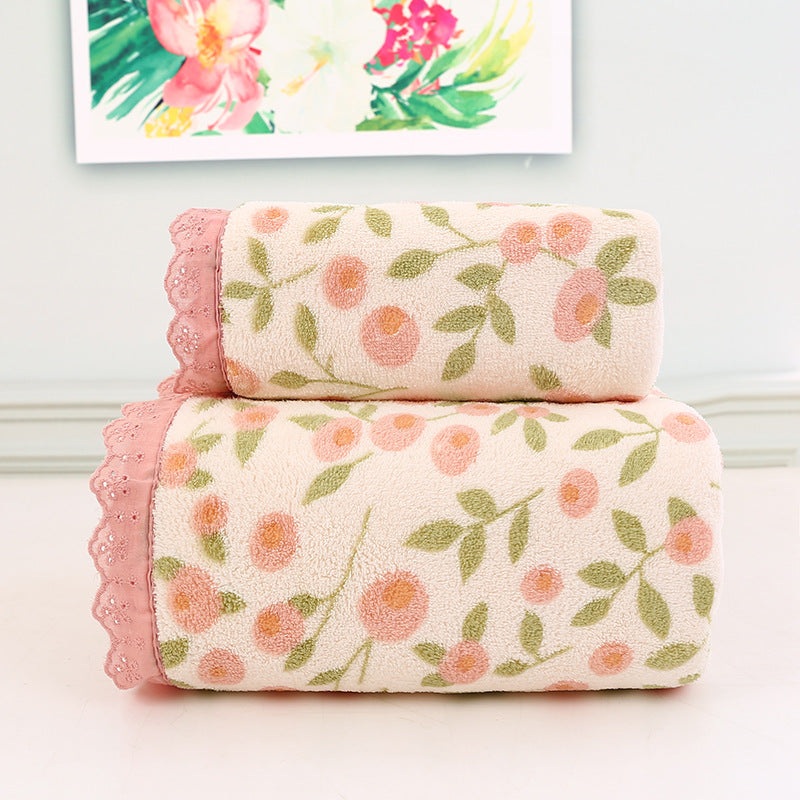 Pink Vintage Floral Lace Trim Towel Set – Ultra Soft Absorbent Coral Fleece Bath & Face Towel