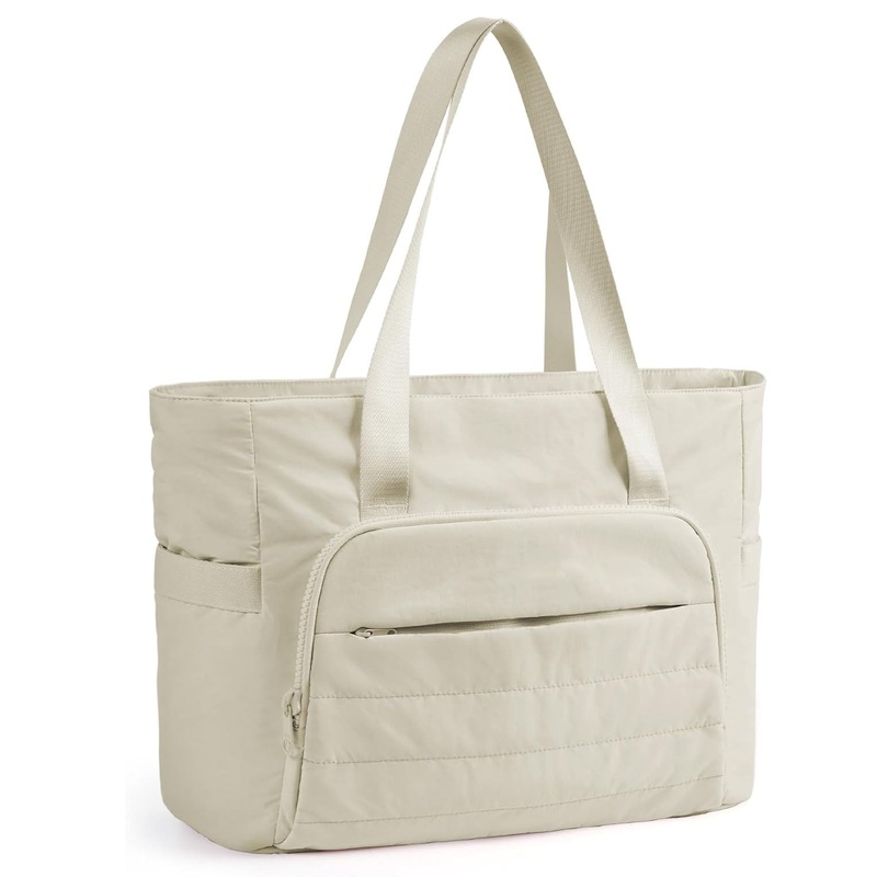 Beige Versatile Women’s Gym Tote Bag with Yoga Mat Strap – 18L Carryall, Fits 15.6 Laptop, Multi-Pocket Organizer