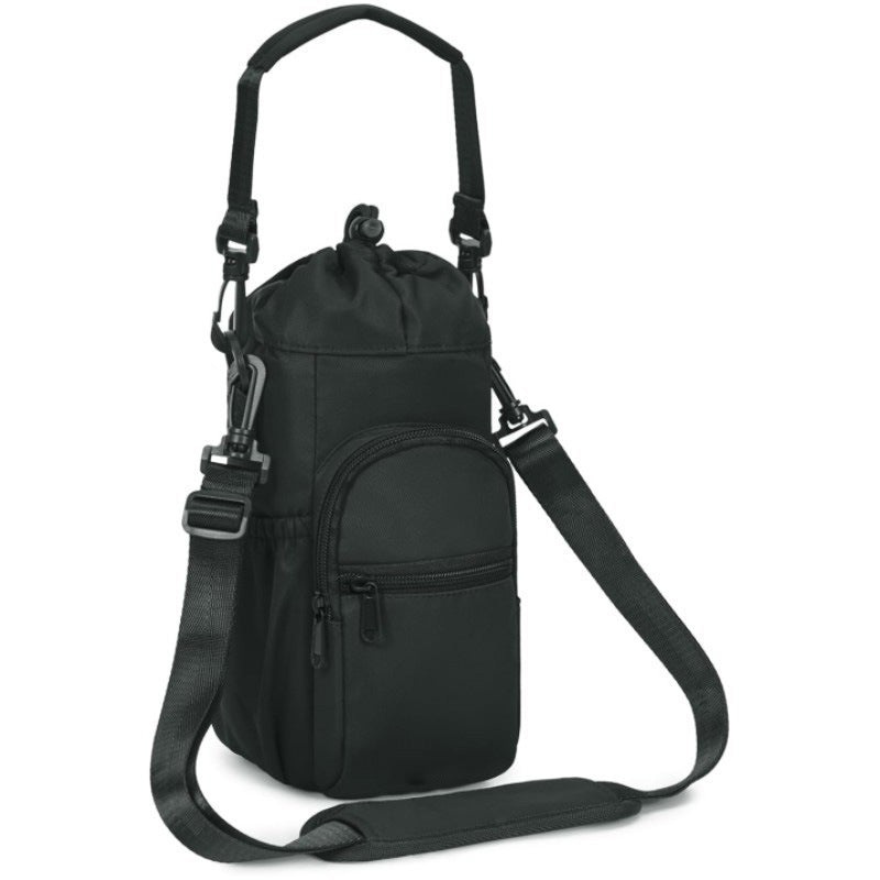 Black Insulated Cup Holder Bag with Adjustable Strap – Water Bottle Carrier with Lock Drawstring & Heatproof Handle