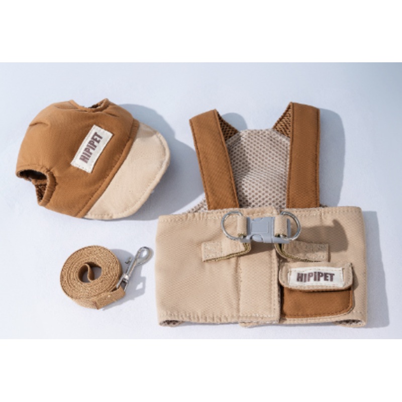S Brown Pet Sun Hat with Adjustable Strap + Leash & Harness 3-Piece Set – Breathable Summer Cap for Dogs & Cats with Ear Holes