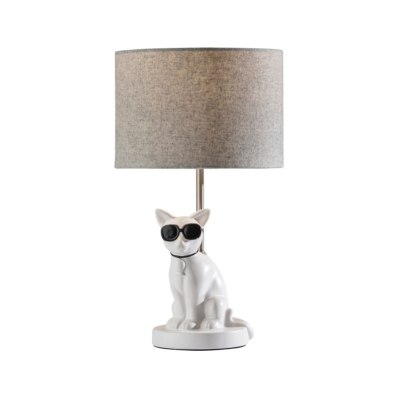 Sunny Cat Table Lamp White Ceramic with Brushed Steel Neck