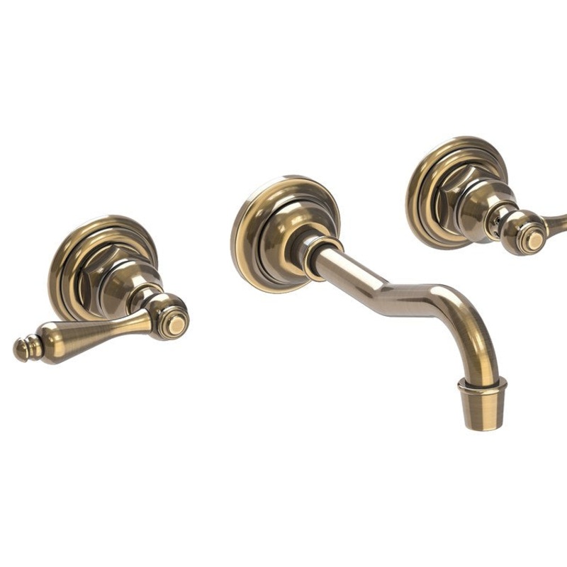 Lavatory Faucet Chesterfield Wall Mount 8 Inch Spread 2 Lever ADA WaterSense Antique Brass 1.2 Gallons Per Minute Brass Less Drain Spout Reach 7-1/4 Inch