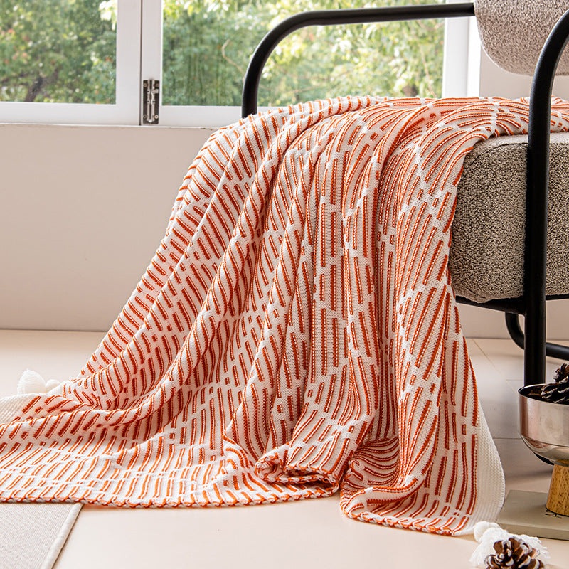 Orange and Beige Diamond Pattern Soft Cozy Knit Throw Blanket with Tassels – Geometric Pattern Lightweight Acrylic Blanket for Sofa Couch Bed, 130x150cm