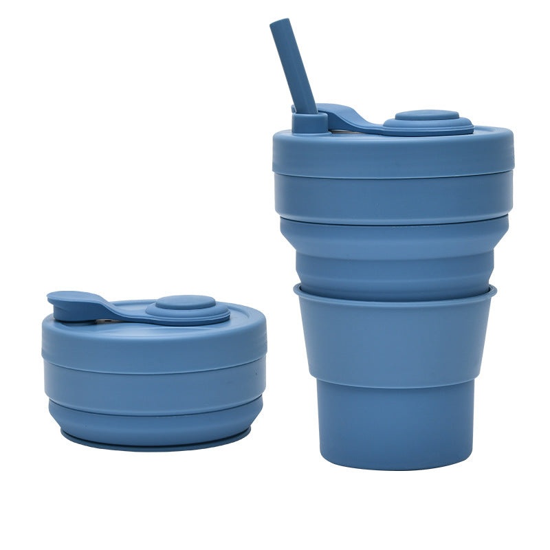 2 Pcs Dark Blue 350ml Collapsible Silicone Travel Cup – Portable, Leak-Proof & Food-Grade Drinking Mug with Lid, Insulating Sleeve & Straw
