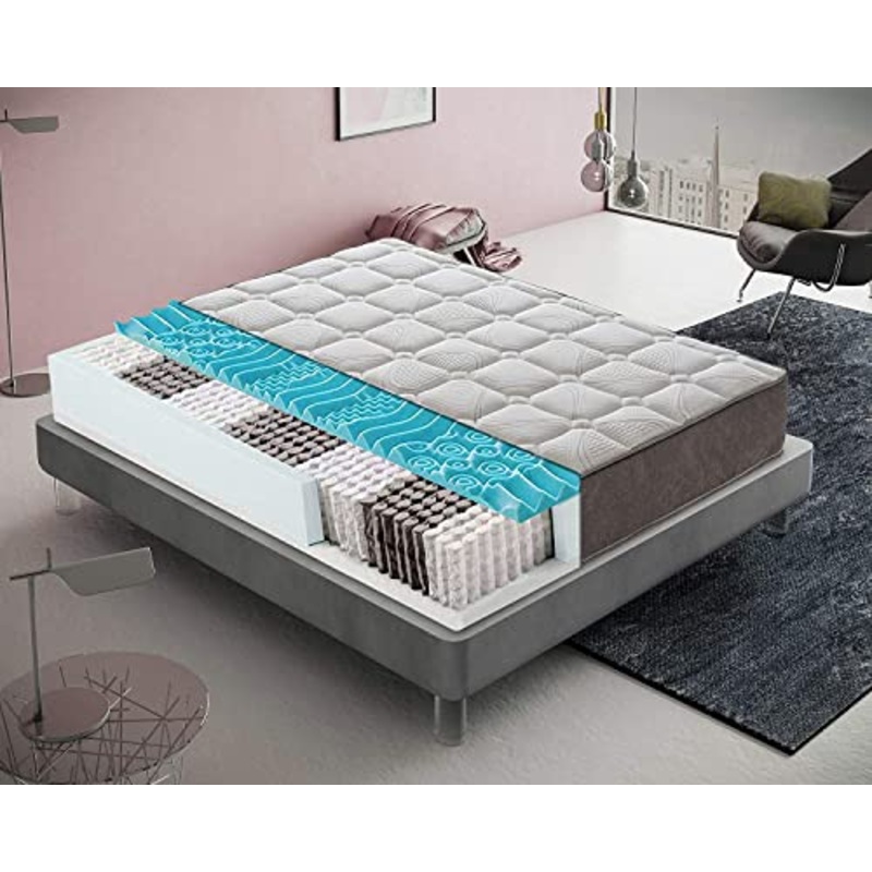 Materasso Matrimoniale 800 Molle Insacchettate e Memory Foam Alto 25 cm, 4 cm memory foam, Medio Rigido, 9 Zone supporto lombare Detraibile Presidio Medico (160×190)