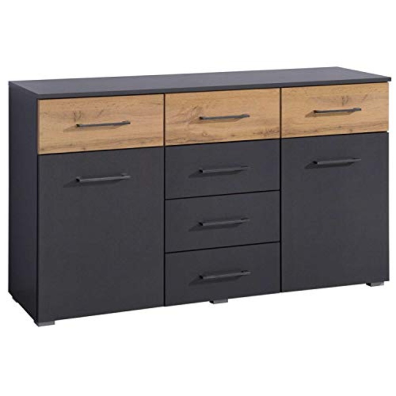 AVANTI TRENDSTORE – Bison – Com in Legno Laminato di Colore Grigio Metallizzato/Quercia Wotan con 2 Ante e 6 cassetti. Dimensioni Lap 140x81x42 cm