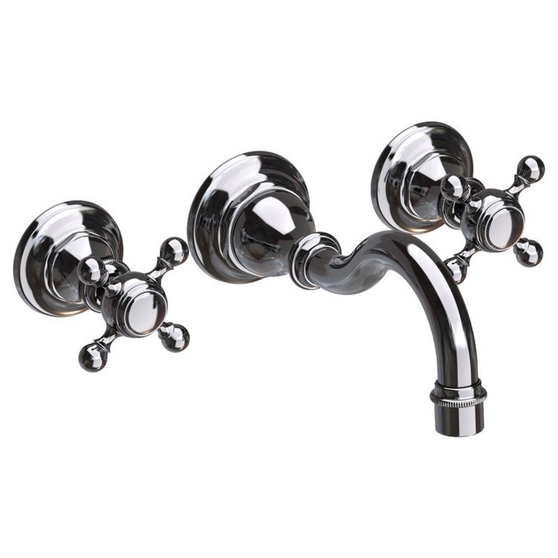 Lavatory Faucet Victoria Wall Mount 8 Inch Spread 2 Cross ADA Watersense Midnight Chrome 1.2 Gallons Per Minute Brass Less Drain Spout Reach 8-1/6 Inch