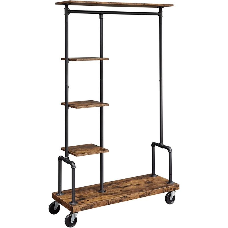 Clothing Garment Rack on Wheels with 5-Tier, Industrial Pipe Style, Rustic Brown