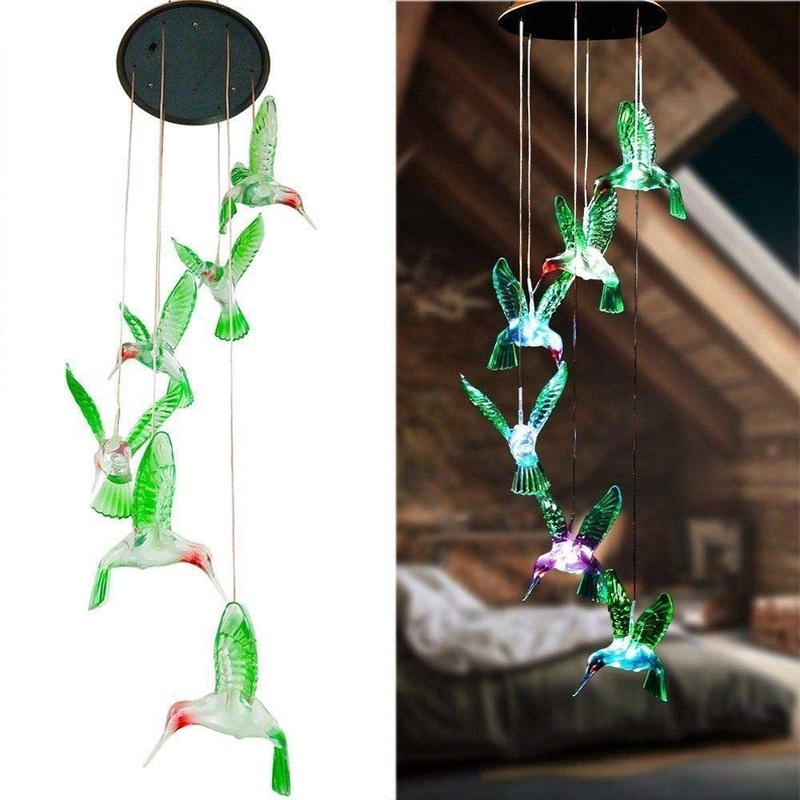 Green Solar Powered Hummingbird Wind Chime(Without bell) – Color-Changing LED Hanging Garden Light Outdoor Decor
