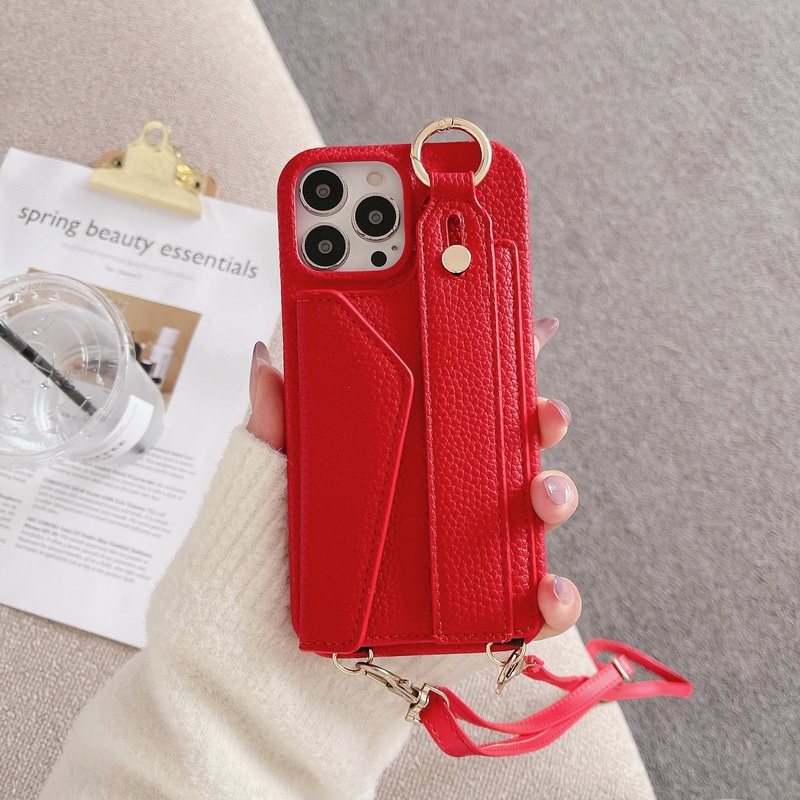 Red Chic PU Leather Crossbody Wallet Case for iPhone 16 Pro Max – Card Holder with Detachable Strap & Finger Ring Grip