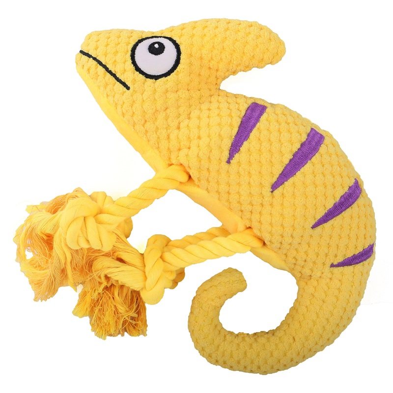 2 Pcs Yellow Interactive Plush Chameleon Dog Toy with Squeaker & Rope Legs – Durable Chew Toy for Medium/Large Dogs, Teeth Cleaning Texture, Machine Washable (10.2in)