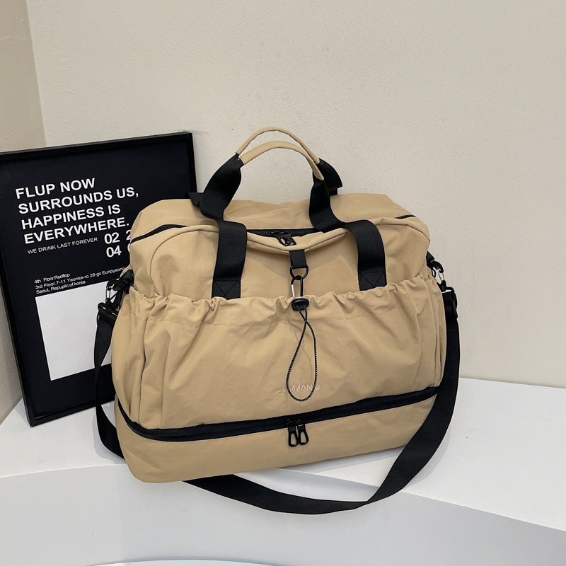 khaki and Black Large Capacity Travel Bag with Wet/Dry Separation – Canvas + Polyester, Lightweight Handbag for Short Trips and Fitness, Fits on Luggage