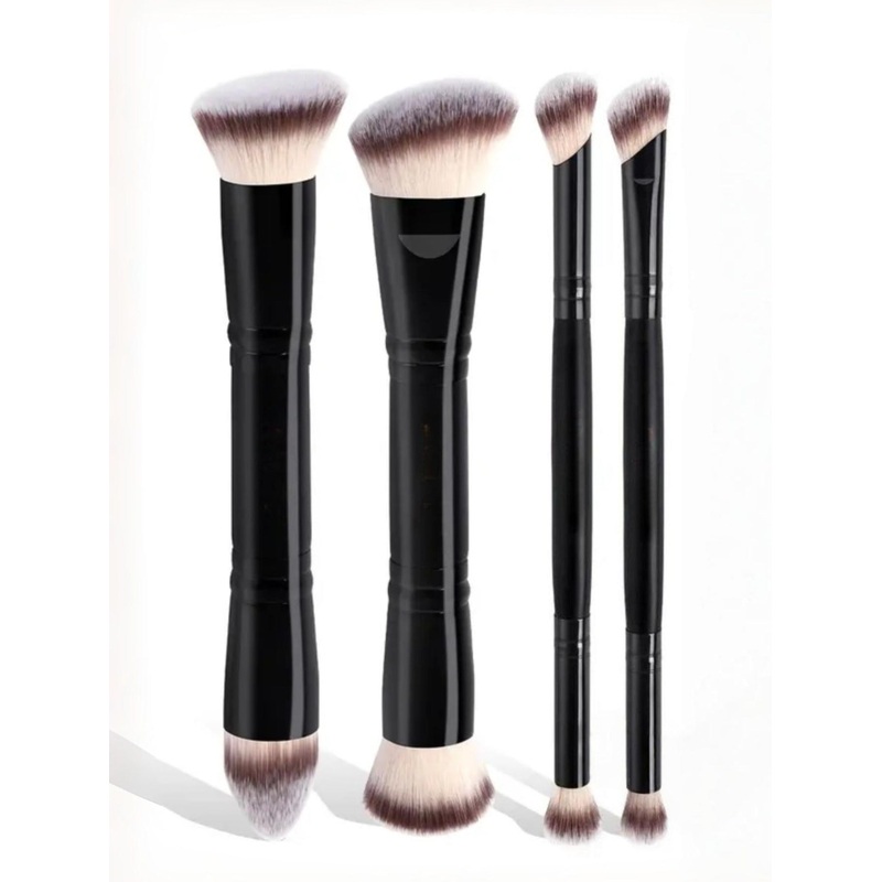 Black Versatile 4pc Dual-Ended Makeup Brush Set – Soft Synthetic Bristles for Foundation Blush Contour Concealer