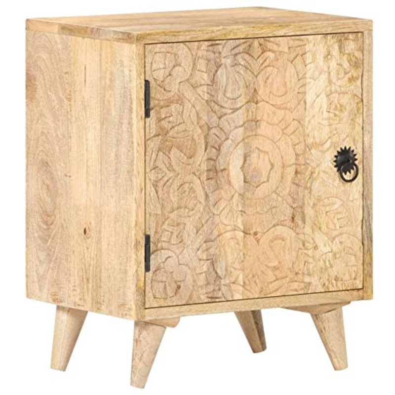 Tidyard Comodino Intagliato in Legno Massello di Mango con Anta,Comodino Camera da Letto con Anta,Comodino Cameretta con Anta,Comodino Porta Lampada e Telefono 40x30x50 cm