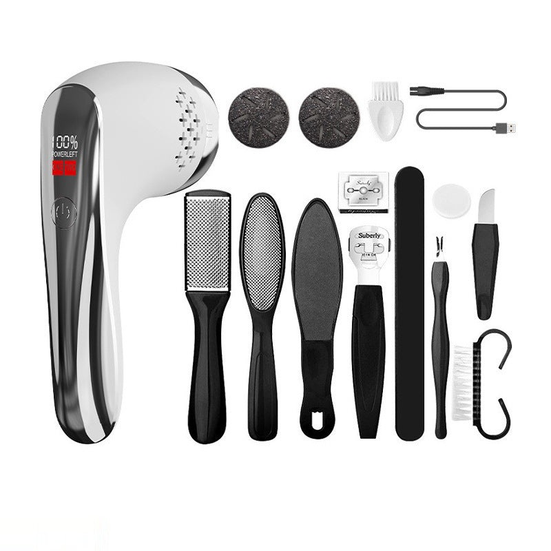 White Rechargeable Electric Foot Grinder with Suction – Complete 10-Piece Pedicure Kit